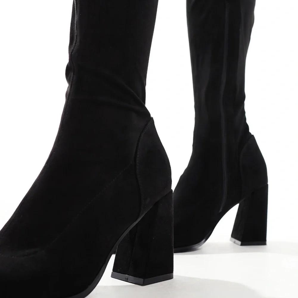 Asos Keely Black Faux Suede Block Heel Over The Knee Boots